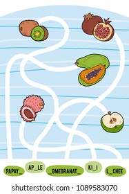Maze game for children. Find the way from the picture to its title and add the missing letters. Set of fruits