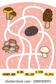 Maze game for children. Find the way from the picture to its title and add the missing letters. Set of mushrooms