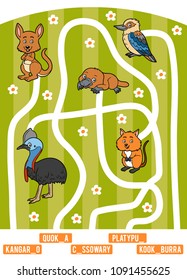 Maze game for children. Find the way from the picture to its title and add the missing letters. Set of Australian animals. Kangaroo, Quokka, Southern cassowary, Kookaburra and Platypus