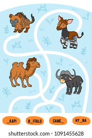 Maze game for children. Find the way from the picture to its title and add the missing letters. Set of african animals. Okapi, Buffalo, Camel, Hyena