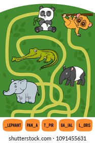 Maze game for children. Find the way from the picture to its title and add the missing letters. Set of tropical animals. Elephant, Panda, Tapir, Loris and Gavial