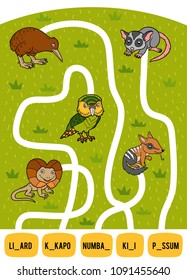 Maze game for children. Find the way from the picture to its title and add the missing letters. Set of australian animals. Kakapo, Frilled lizard, Numbat, Kiwi and Possum