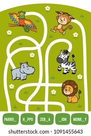 Maze game for children. Find the way from the picture to its title and add the missing letters. Set of african animals. Parrot, Hippo, Zebra, Lion and Monkey