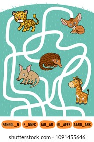 Maze game for children. Find the way from the picture to its title and add the missing letters. Set of african animals. Pangolin, Aardvark, Fennec fox, Jaguar and Giraffe