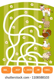 Maze game for children. Find the way from the picture to its title and fill the missing letters. Goat, Cow, Chicken, Turkey and Sheep