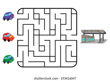 Maze game for children. Find the way for car to gas station. Only one is correct. Vector illustration.