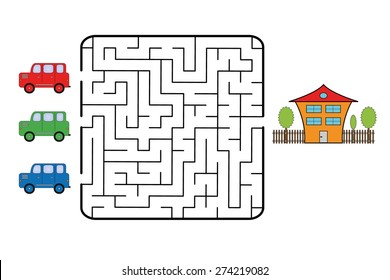 Maze game for children. Find the way for car to your home. Only one is correct. Vector illustration.