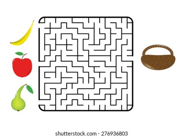 Maze game for children. Find the way for fruit (banana, apple, pear) to the basket. Only one way is correct. Vector illustration.