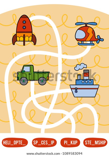 Maze
game for children. Find the way from the picture to its title and
add the missing letters. Set of transport
objects