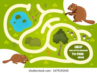Maze game for children. Forest animals. Cartoon cute beaver.