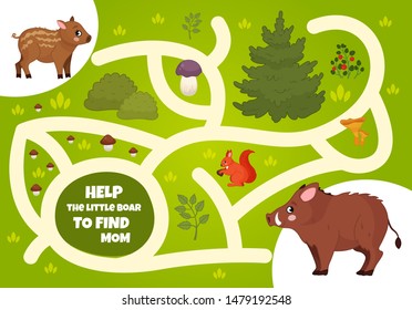 Maze game for children. Forest animals. Cartoon cute boar.