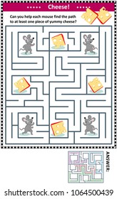 Maze game for children with four mice and four pieces of cheese: Can you help each mouse find the path to at least one piece of yummy cheese? Answer included. 