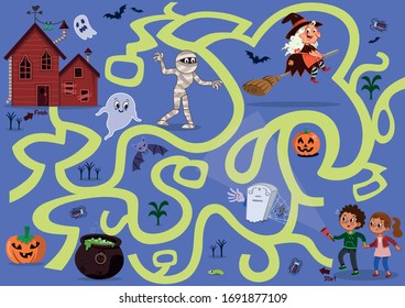 Maze Game for Children In Halloween Concept. Vector Illustration.