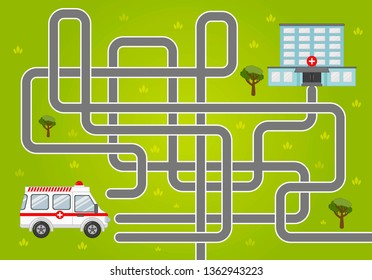 Maze game for children. Help the ambulance to get to the hospital.