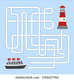 Maze game for children. Help the boat get to the lighthouse.