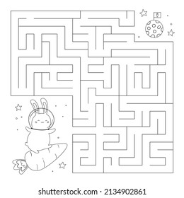 Maze game for children. Help the bunny on carrot spaceship find right way to the moon. Coloring page with space rabbit. Educational vector illustration.