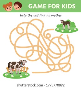 Juego de Maze para niños. Ayude a la cría a encontrar una vaca a su madre. Desarrollar la atención de los niños y habilidades de pensamiento espacial. Hoja de cálculo imprimible
