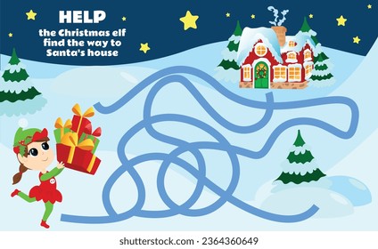 Maze game for children Help the Christmas elf find the way to Santa's house. A Christmas game with a cute character. Worksheet for kindergartens and schools.