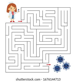 Maze game for children. Help the doctor with pills find right way to viruss. Educational worksheet. Cute cartoon vector characters.