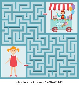 maze game for children, help the girl get to the store with ice cream, color vector illustration in the style of flat, design, design of children's books