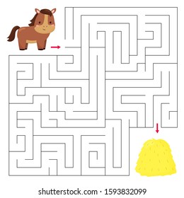 Maze game for children. Help the horse find right way to the hay. Kawaii cartoon character. Animals of farm. Vector illustration.