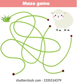Maze game for children. Help lamb find grass. Fun page for toddlers and kids