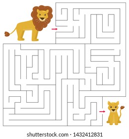 Maze Game Children Help Lion Father Stock Vector (Royalty Free ...