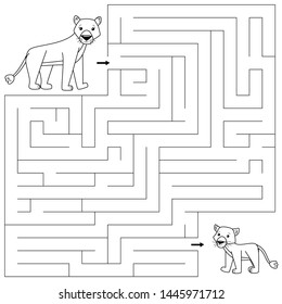 Maze game for children. Help the lioness find right way to her lion cub. Coloring page for kids. African animals. Cartoon vector characters.