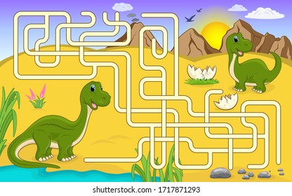 Maze game for children. Help mommy dinosaur to get to baby dinosaur. Brontosaurus cartoon characters.