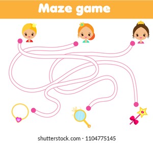 Maze game for children. Help princess find way to objects. Labyrinth for girls