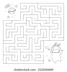 Maze-Spiel für Kinder. Hilf dem Kaninchen, den richtigen Weg zum Planeten zu finden - Saturn. Handgezeichneter Cartoon-Weltraum-Hase. Farbseite. Vektorgrafik.