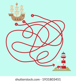 Juego de Maze para niños. Ayuda al barco a llegar al faro. El laberinto infantil. Juego pirata con laberinto.