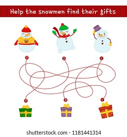Maze game for children. Help the snowmans find their gifts. Vector cute snowmans.