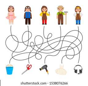 Maze game for children. Help workers find their equipment.