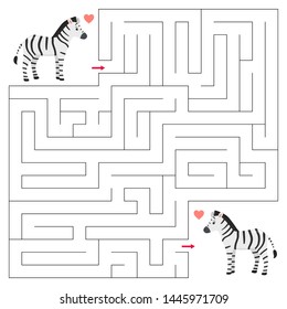 Maze game for children. Help the zebra find right way to his friend. Valentine's day theme. African animals. Cartoon vector characters.