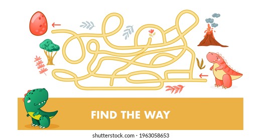 Maze game for children. Kids educational game with dino. Cute dinosaur cartoon vector illustration.