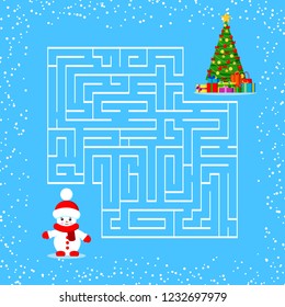 Maze game for the children with a labyrinth. Cartoon little snowman and decorated christmas tree with gifts under the tree. Snowman finding christmas tree. Vector illustration.