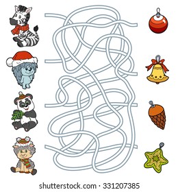 Maze game for children: little animals and Christmas decorations