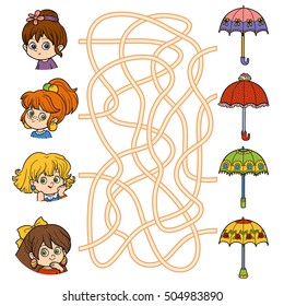 Maze game for children. Little girls and umbrellas