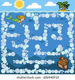 Maze game for children. Little mermaid and treasure chest