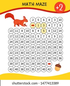 Maze game for children. Material for  learning mathematics. Cartoon cute squirrel.
