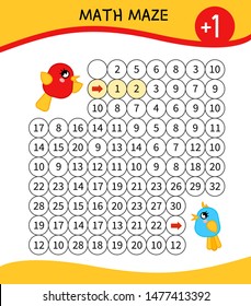 Maze game for children. Material for  learning mathematics. Cartoon cute birds.
