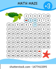 Juego de Maze para niños. Material para aprender matemáticas. Caricatura adorable tortuga y estrella de mar.
