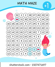 Maze game for children. Material for learning mathematics. Cartoon cute mermaid.