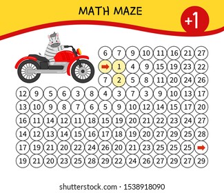 Maze game for children. Material for learning mathematics. Cartoon zebra on a motorcycle.
