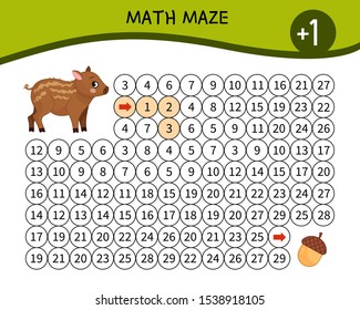 Maze game for children. Material for learning mathematics. Cartoon cute little boar.