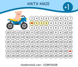 Maze game for children. Material for learning mathematics. Cartoon cute pig.