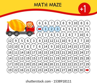 Maze game for children. Material for learning mathematics. Cartoon lion on a truck.
