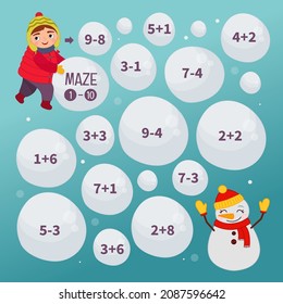 Maze game for children. Mathematical maze for young children. Winter collection.
