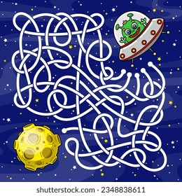 Maze game for children on space theme. Colorful labyrinth puzzle on background stars. Help the cartoon cute alien find path to Moon. Worksheet for education kids. Page of activity book. Vector design.